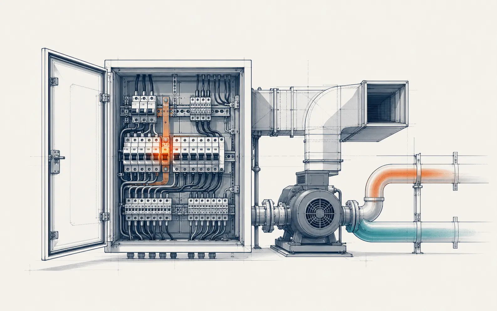 Techniczna ilustracja rozdzielnicy elektrycznej, instalacji HVAC i urządzenia przemysłowego
